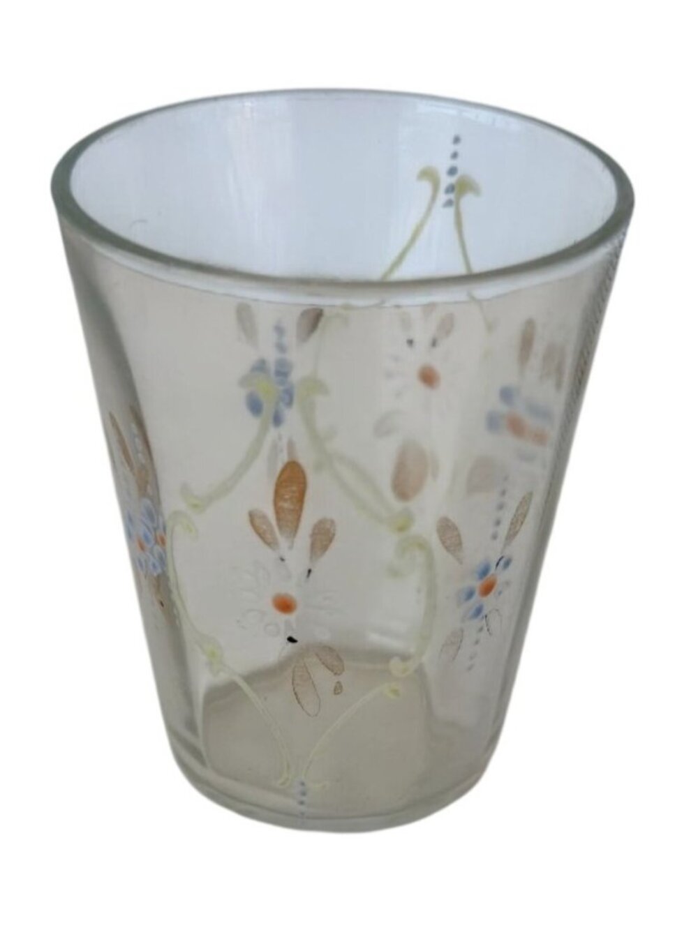 Vintage Enamel Hand‑Painted Glass Tumbler Blue White Daisy Gold Accents - Picture 3 of 4